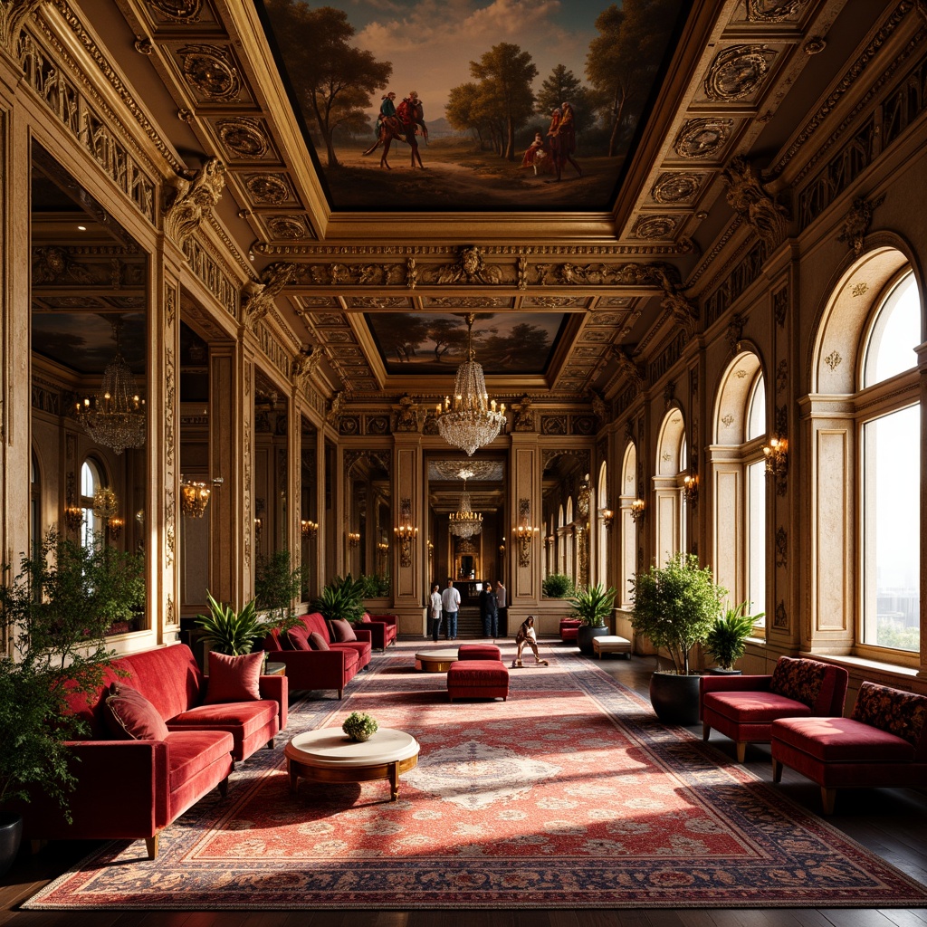 Prompt: Luxurious palace, ornate furnishings, gilded accents, velvet upholstery, intricately carved wood, rich jewel tones, lavish chandeliers, grandiose mirrors, opulent fabrics, majestic proportions, stately atmosphere, dramatic lighting, warm golden hues, Renaissance-inspired patterns, flamboyant curves, regal seating, imposing archways, intricate moldings, elaborate frescoes.