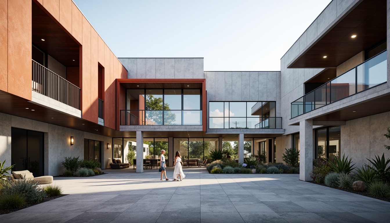 Prompt: Geometric Bauhaus building, angular lines, rectangular forms, primary color scheme, steel frames, glass facades, cantilevered roofs, open floor plans, functional minimalism, industrial materials, exposed ductwork, concrete walls, diffused natural light, soft shadows, ambient illumination, gradient-like transitions, 1-point perspective, atmospheric depth cues, subtle texture variations, realistic material reflections.