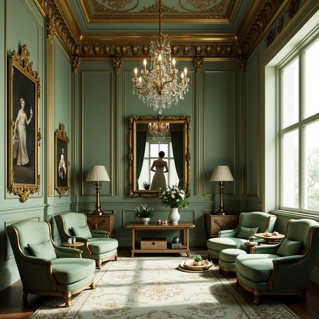 Prompt: Opulent Baroque interior, soft celadon hue, ornate golden accents, intricate carvings, lavish furnishings, rich velvet fabrics, delicate lace details, crystal chandeliers, grandiose architectural elements, subtle warm lighting, soft focus, shallow depth of field, 1/2 composition, elegant symmetries, refined textures, ambient occlusion.