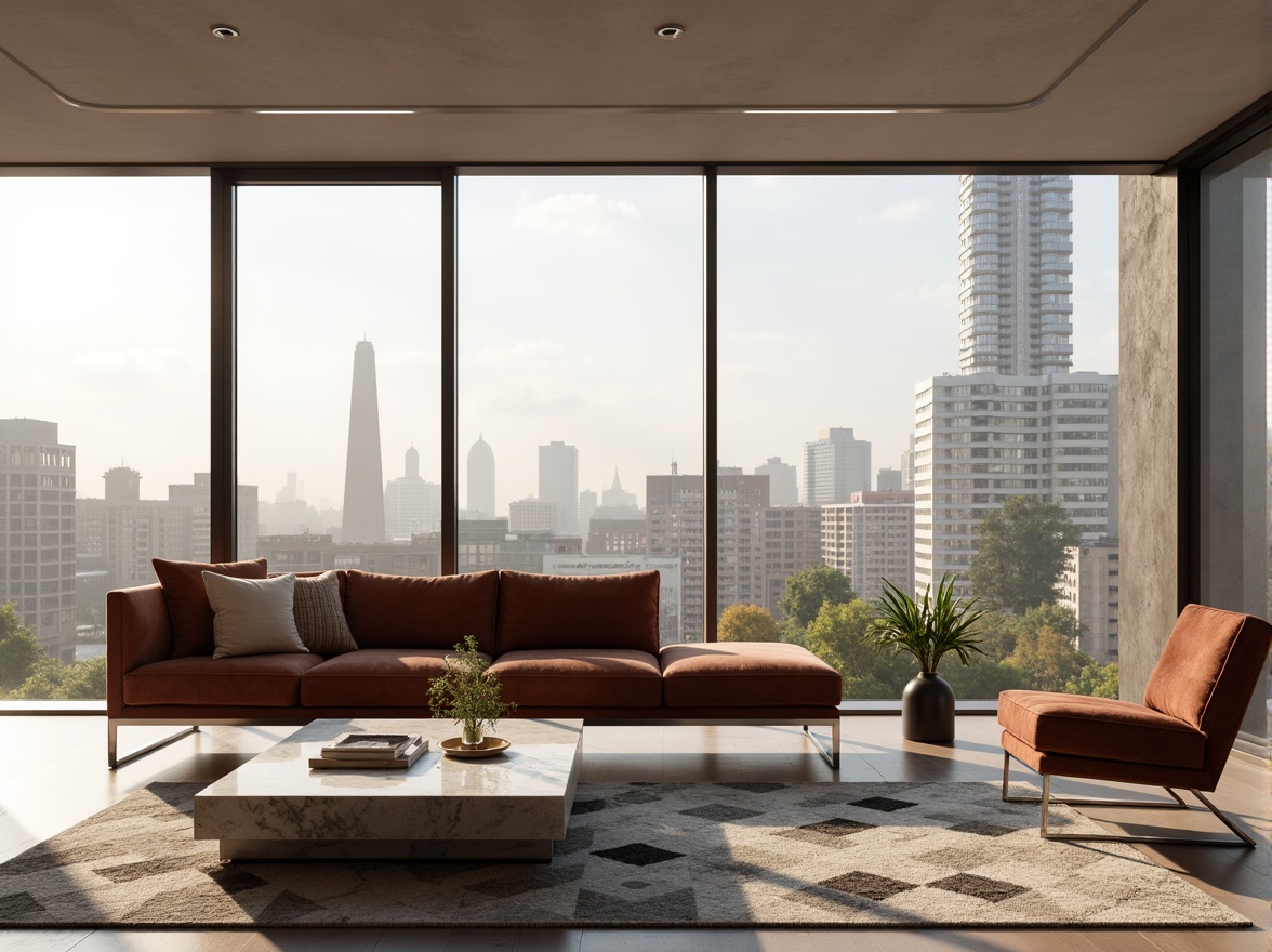 Prompt: Modern minimalist living room, sleek low-profile sofa, velvet upholstery, chrome legs, marble coffee table, geometric patterned rug, floor-to-ceiling windows, natural light, urban cityscape view, soft warm lighting, shallow depth of field, 3/4 composition, realistic textures, ambient occlusion.