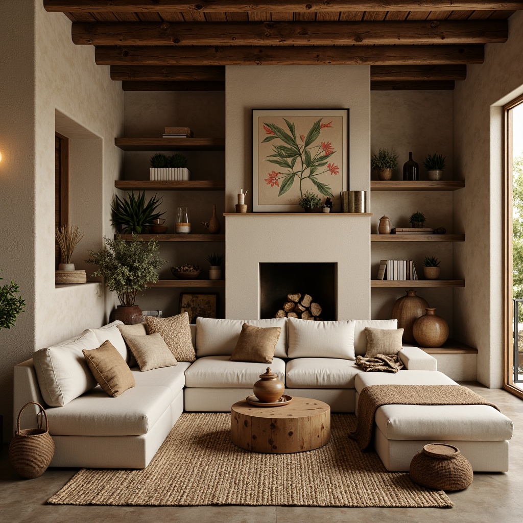 Prompt: Cozy living room, earthy color palette, natural materials, reclaimed wood accents, stone feature walls, woven textiles, organic shapes, botanical prints, warm beige tones, terracotta pottery, rattan furniture, soft candlelight, intimate atmosphere, 1/2 composition, shallow depth of field, realistic textures, ambient occlusion.