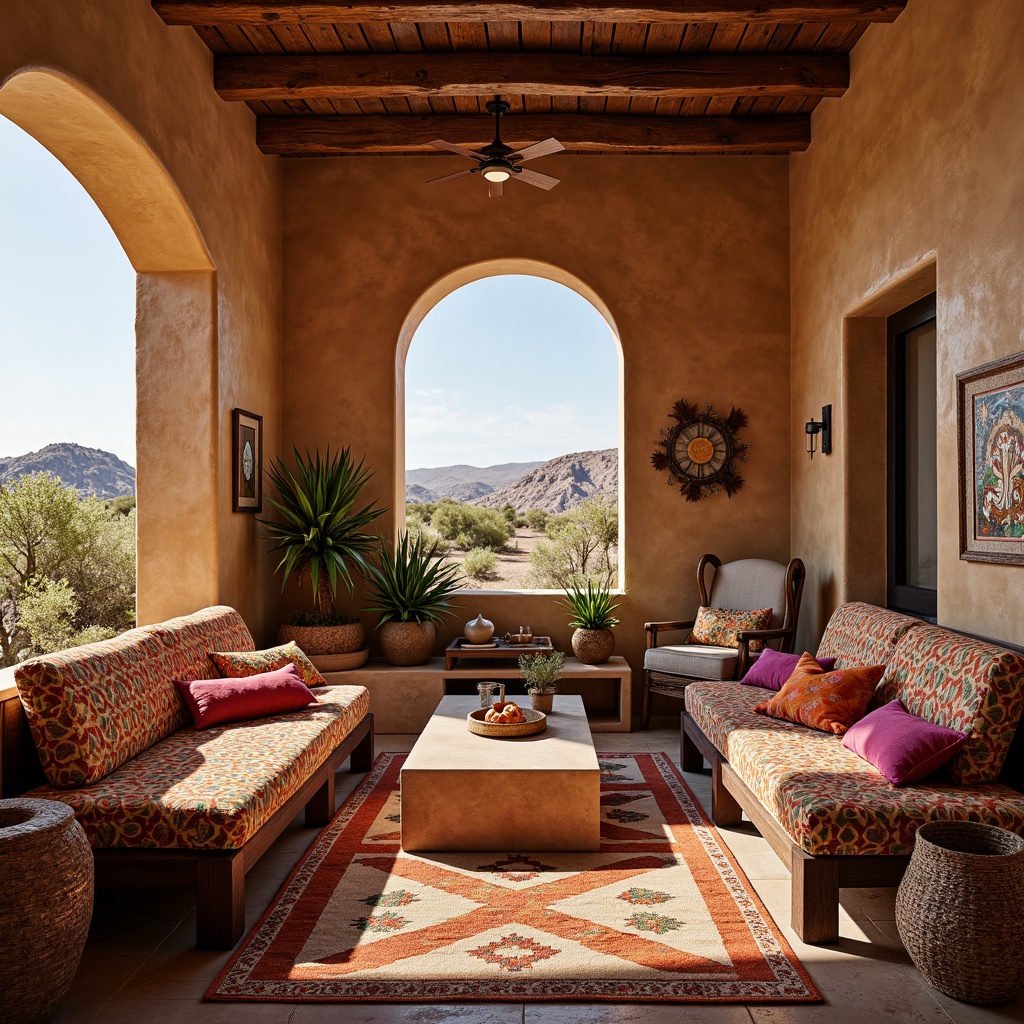 Prompt: Vibrant Southwestern interior, rich cultural heritage, bold colorful textiles, woven patterns, geometric motifs, Native American-inspired designs, earthy tones, warm beige walls, rustic wooden furniture, plush throw pillows, cozy blankets, statement pieces of art, natural fiber rugs, woven baskets, traditional pottery, desert landscape views, sunny warm lighting, soft shadows, atmospheric ambiance, 1/2 composition, intimate scale, realistic materials.