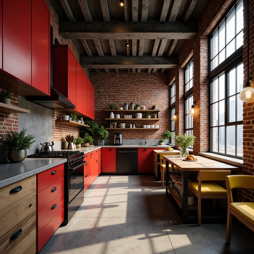 Prompt: Exposed brick walls, industrial metal beams, raw concrete countertops, bold red cabinets, matte black appliances, polished chrome fixtures, reclaimed wood shelving, Edison bulb lighting, urban loft atmosphere, dramatic high ceilings, minimalist decor, brutalist architectural style, bold yellow accents, textured stone flooring, natural material palette, rustic wooden tables, metal grid windows, industrial-style kitchen utensils, warm overhead lighting, shallow depth of field, 3/4 composition.