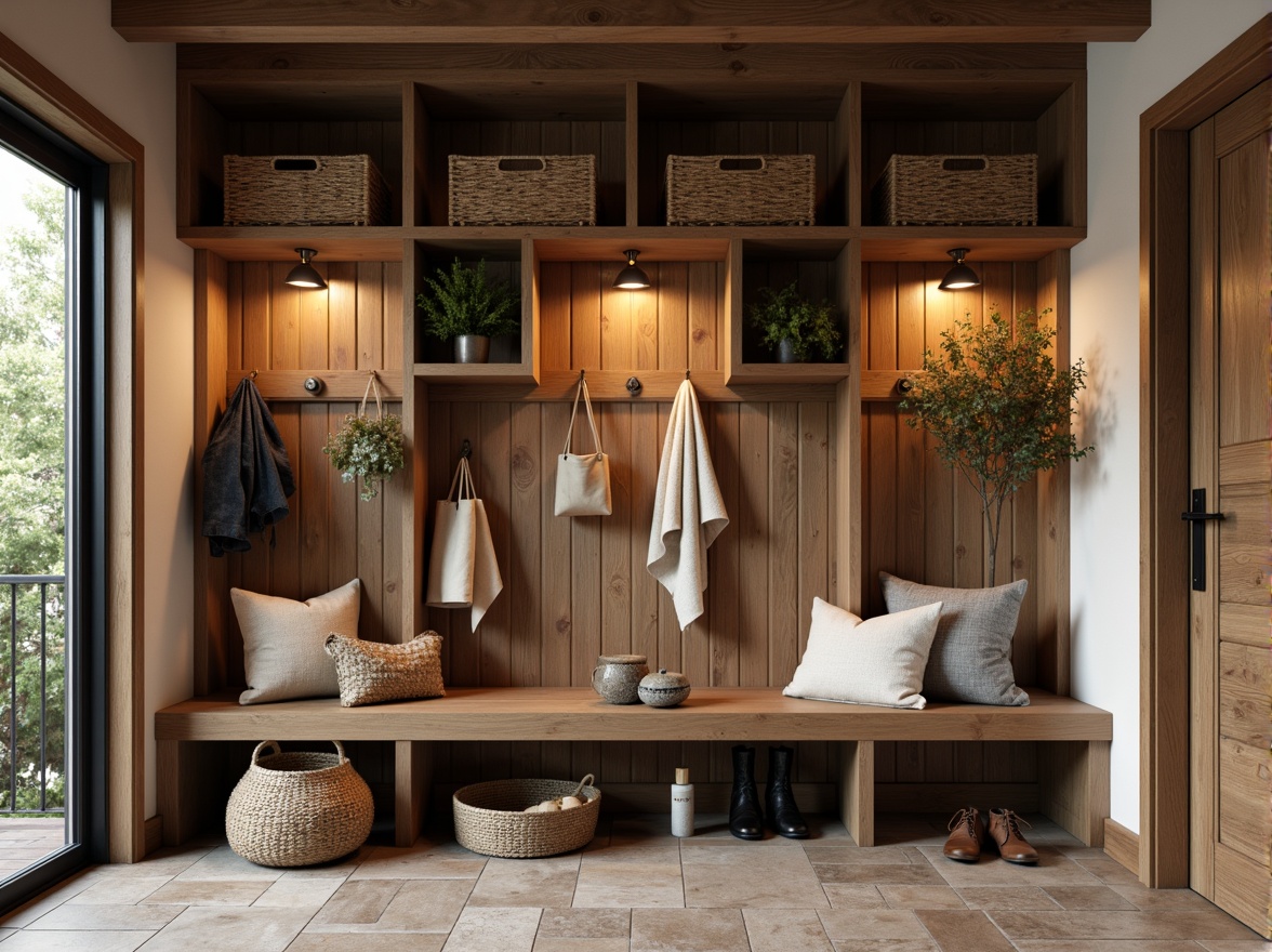 Prompt: Cozy mudroom, rustic wooden bench, woven baskets, natural stone floor, earthy color palette, warm overhead lighting, pendant lamps, metal shades, industrial chic, distressed wood accents, functional storage units, built-in shelves, decorative hooks, soft warm glow, low-key ambiance, 1/1 composition, realistic textures, ambient occlusion.