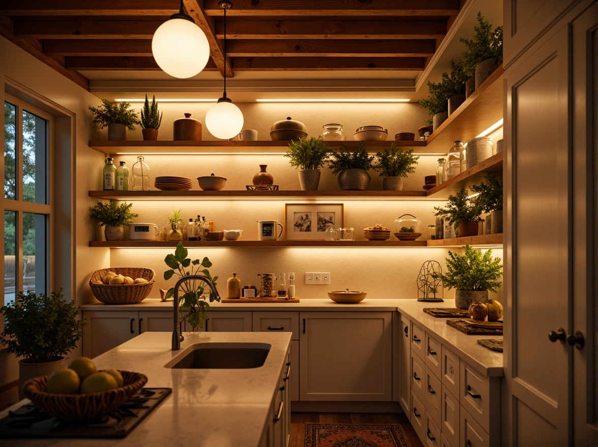 Prompt: Warm pantry ambiance, soft warm lighting, under-cabinet LED strips, frosted glass pendant lights, rustic metal fixtures, creamy white cabinetry, natural wood shelving, earthy tones, farmhouse style, cozy atmosphere, overhead recessed lighting, subtle shadows, 3/4 composition, realistic textures, ambient occlusion.