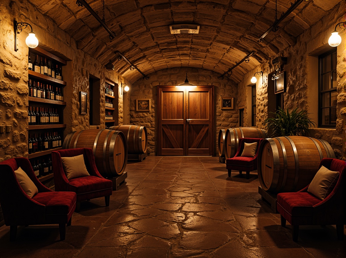 Prompt: Rustic wine cellar, earthy tone, aged wooden barrels, dim warm lighting, stone walls, arched ceilings, ornate metalwork, rich velvet fabrics, worn leather armchairs, vintage wine bottles, distressed plaster textures, rough-hewn stone floors, ambient candlelight, soft shadows, 1/2 composition, intimate atmosphere, realistic wear and tear, subtle color palette.