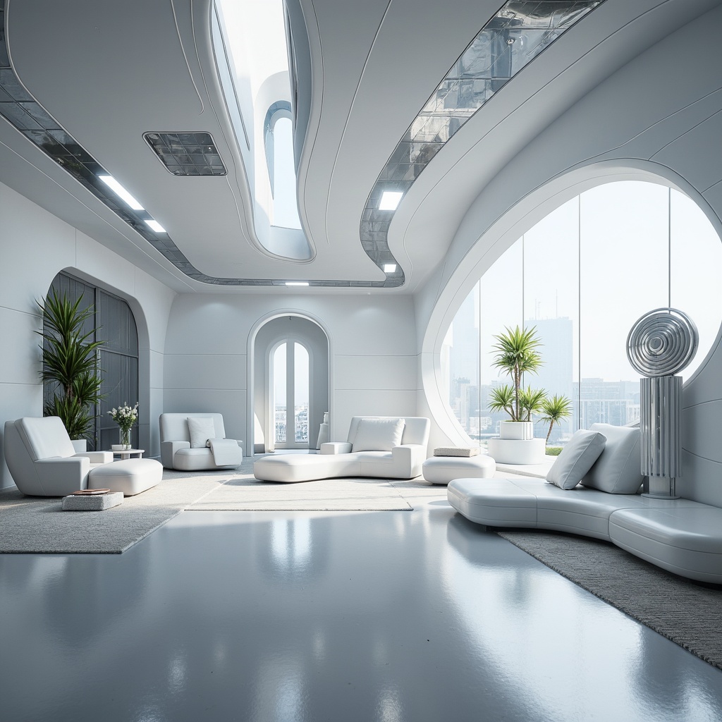 Prompt: Sleek modern interior, polished chrome accents, glossy white walls, reflective glass surfaces, minimalist decor, curved lines, aerodynamic shapes, high-gloss paint finishes, metallic coatings, silver leafing, futuristic ambiance, dramatic lighting effects, 1-point perspective composition, shallow depth of field, softbox lighting, cinematic mood.