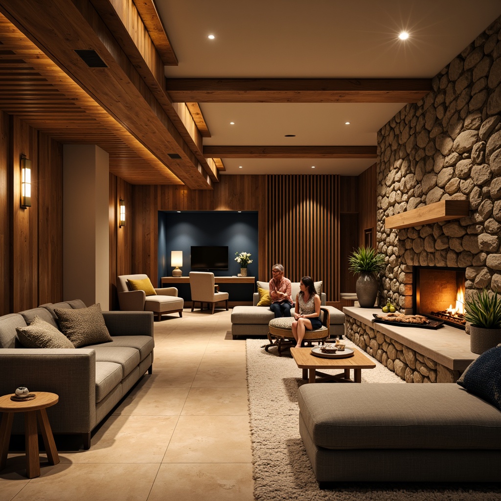 Prompt: Cozy basement, warm earthy tones, rich wood accents, soft cream walls, deep blue undertones, warm beige floors, comfortable seating areas, rustic stone fireplaces, intimate ambiance, dramatic ceiling lighting, 3/4 composition, shallow depth of field, realistic textures, ambient occlusion.