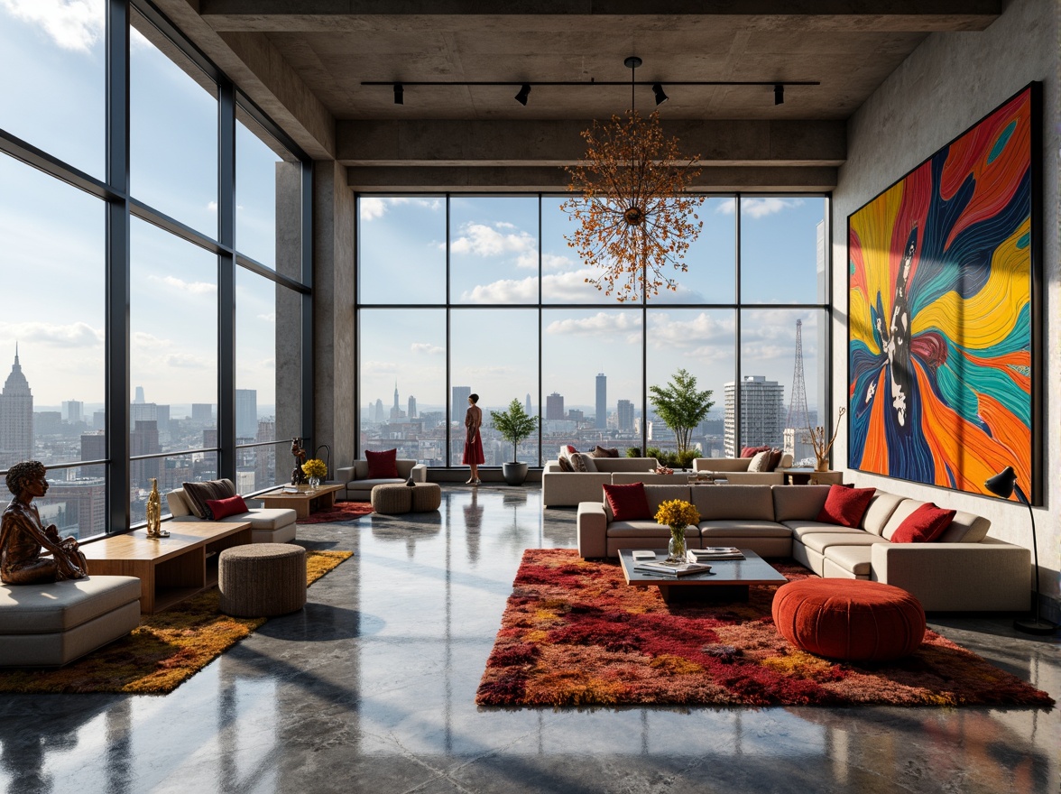 Prompt: Luxurious penthouse interior, open space concept, expressionist artwork, bold vibrant colors, abstract sculptures, eclectic furniture, plush rugs, floor-to-ceiling windows, city skyline views, modern chandeliers, sleek metal accents, polished marble floors, textured concrete walls, cozy reading nooks, panoramic cityscape, cinematic lighting, shallow depth of field, 1/1 composition, realistic reflections, ambient occlusion.