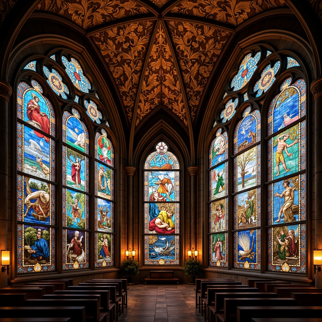 Prompt: Intricate stained glass windows, ornate Gothic arches, lavish Art Nouveau decorations, vibrant colorful patterns, flowing organic shapes, sinuous lines, whiplash curves, natural floral motifs, elegant typography, rustic stone walls, vaulted ceilings, grandiose architecture, dramatic lighting effects, warm golden illumination, soft diffused colors, subtle texture details, 1/2 composition, symmetrical framing, high contrast ratios, mystical ambiance, spiritual atmosphere.