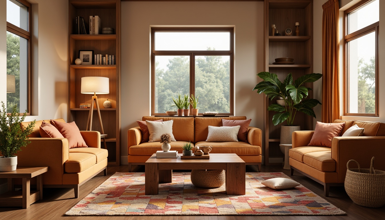 Prompt: Cozy living room, plush throw pillows, soft velvety sofas, warm beige walls, rich wood accents, elegant floor lamps, modern minimalist coffee table, vibrant colorful rugs, textured woven baskets, natural fiber upholstery, comfortable reading nooks, relaxing ambiance, softbox lighting, 1/1 composition, intimate atmosphere, realistic fabric simulations.