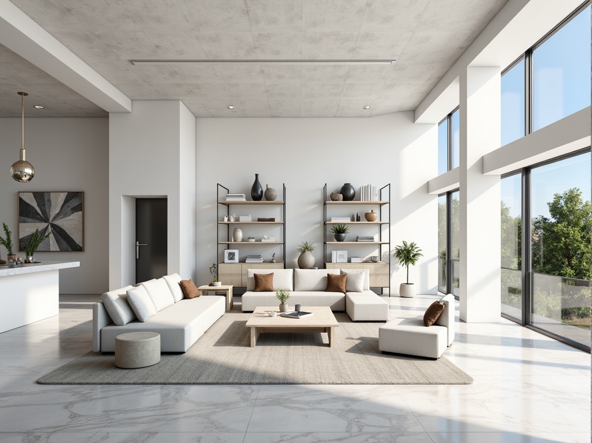 Prompt: Minimalist interior, monochromatic color scheme, sleek furniture, polished marble floors, floor-to-ceiling windows, abundance of natural light, airy atmosphere, clutter-free shelves, geometric decorations, modern art pieces, metallic accents, hidden storage compartments, wall-mounted fixtures, Scandinavian-inspired design, neutral tone palette, emphasis on functionality, clean lines, 1/1 composition, softbox lighting, shallow depth of field.