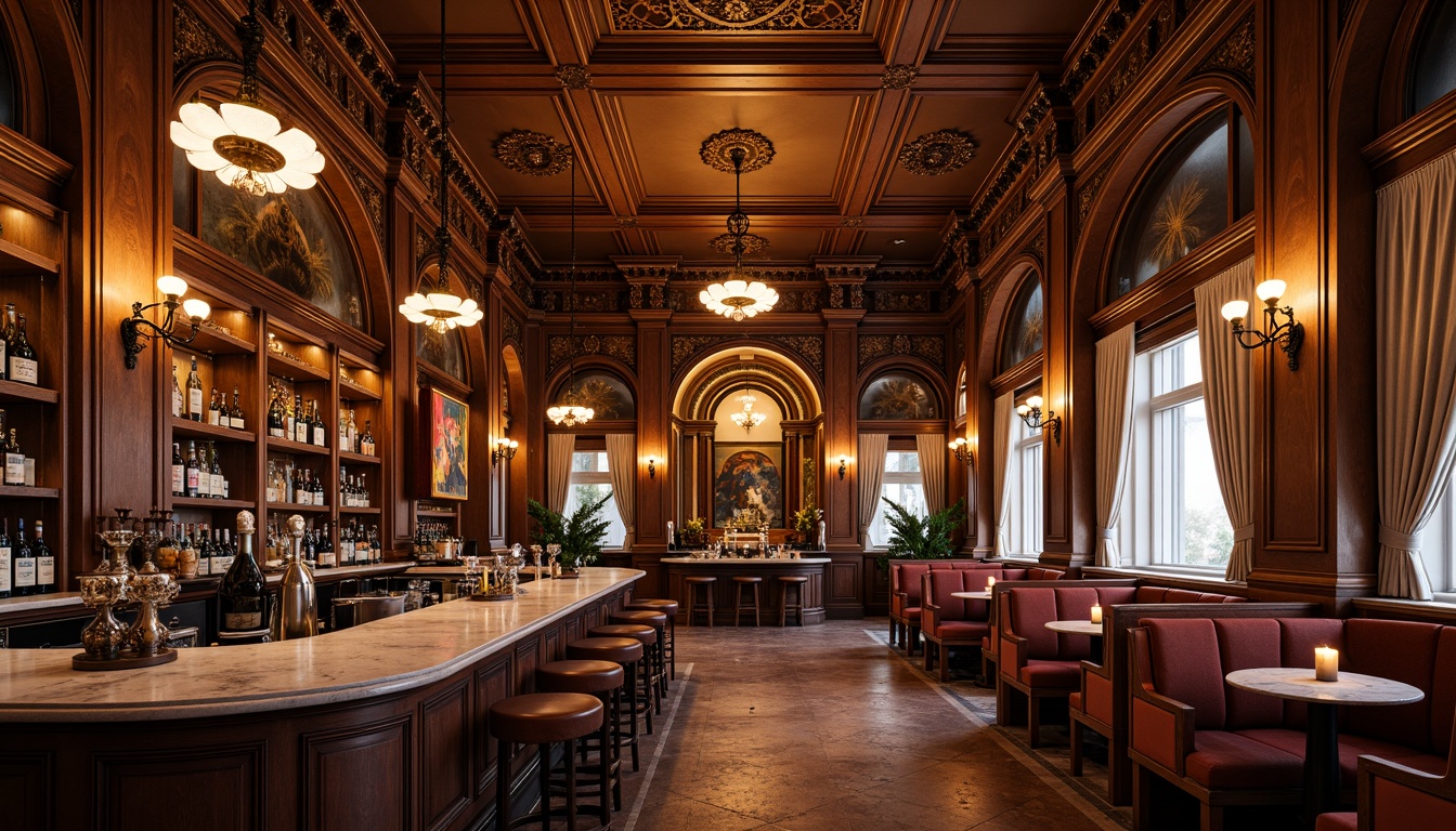 Prompt: Ornate bar counter, rich wood tones, intricately carved wooden panels, golden accents, ornamental metalwork, classic columns, arches, grandeur chandeliers, luxurious marble countertops, velvet drapes, regal throne-like stools, warm candlelight, soft warm lighting, shallow depth of field, 1/1 composition, realistic textures, ambient occlusion.