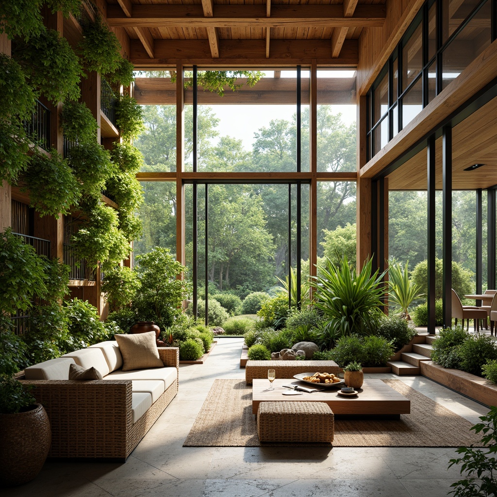 Prompt: Organic shapes, reclaimed wood accents, lush green walls, living roofs, natural stone flooring, earthy color palette, botanical prints, woven bamboo furniture, rattan decor, wooden beam ceilings, large windows, abundant daylight, soft diffused lighting, shallow depth of field, 3/4 composition, panoramic view, realistic textures, ambient occlusion.