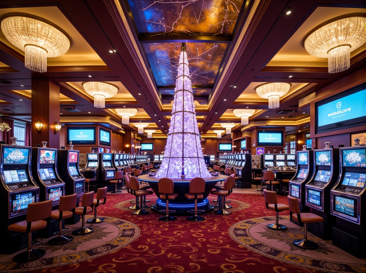 Prompt: Luxurious casino interior, opulent chandeliers, lavish LED ceiling lights, gleaming metal accents, rich wood tones, plush carpets, vibrant neon signs, sparkling crystal decorations, dramatic color-changing lighting, futuristic floor lamps, sleek modern slot machines, elegant curved lines, high-contrast ambient occlusion, shallow depth of field, 1/1 composition, panoramic view, realistic reflections, intricate architectural details.