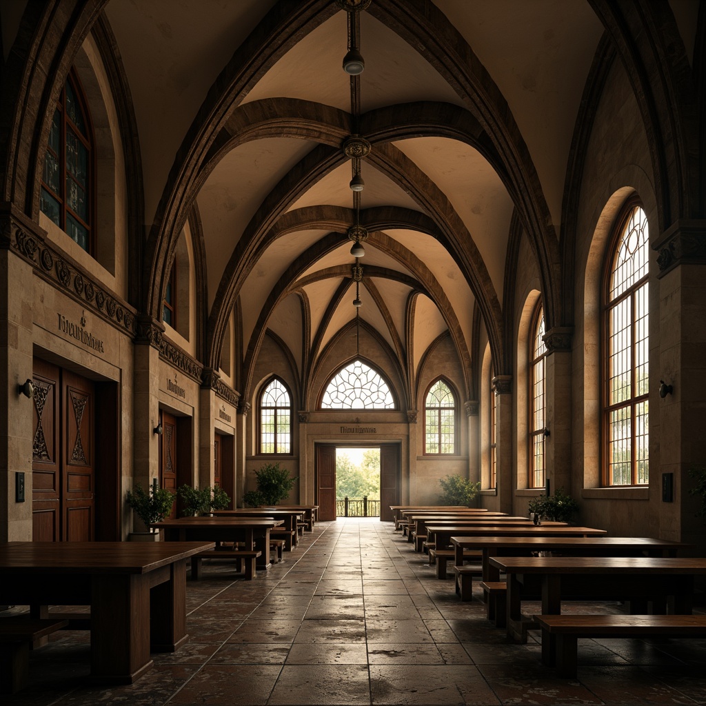 Prompt: Grandiose high school interior, Gothic archways, ribbed vaults, ornate stone carvings, stained glass windows, majestic wooden doors, intricate ironwork, mystical ambiance, dimly lit corridors, atmospheric fog effects, warm golden lighting, 1/1 composition, realistic textures, ambient occlusion.