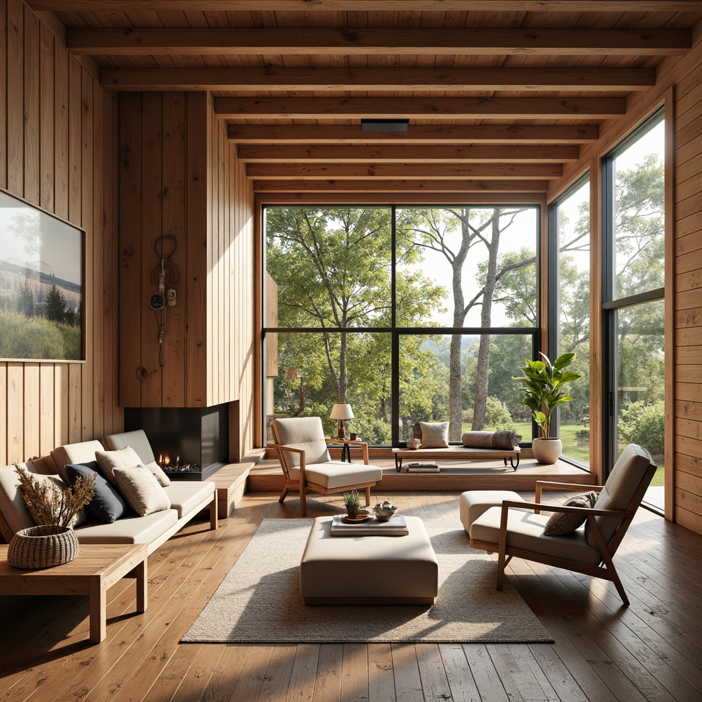 Prompt: Minimalist Scandinavian cabin, natural wood textures, reclaimed wooden planks, earthy color palette, cozy atmosphere, large windows, rustic metal accents, eco-friendly materials, recycled glass surfaces, FSC-certified furniture, organic fabrics, woven textiles, Nordic-inspired patterns, soft warm lighting, shallow depth of field, 1/1 composition, realistic rendering, ambient occlusion.