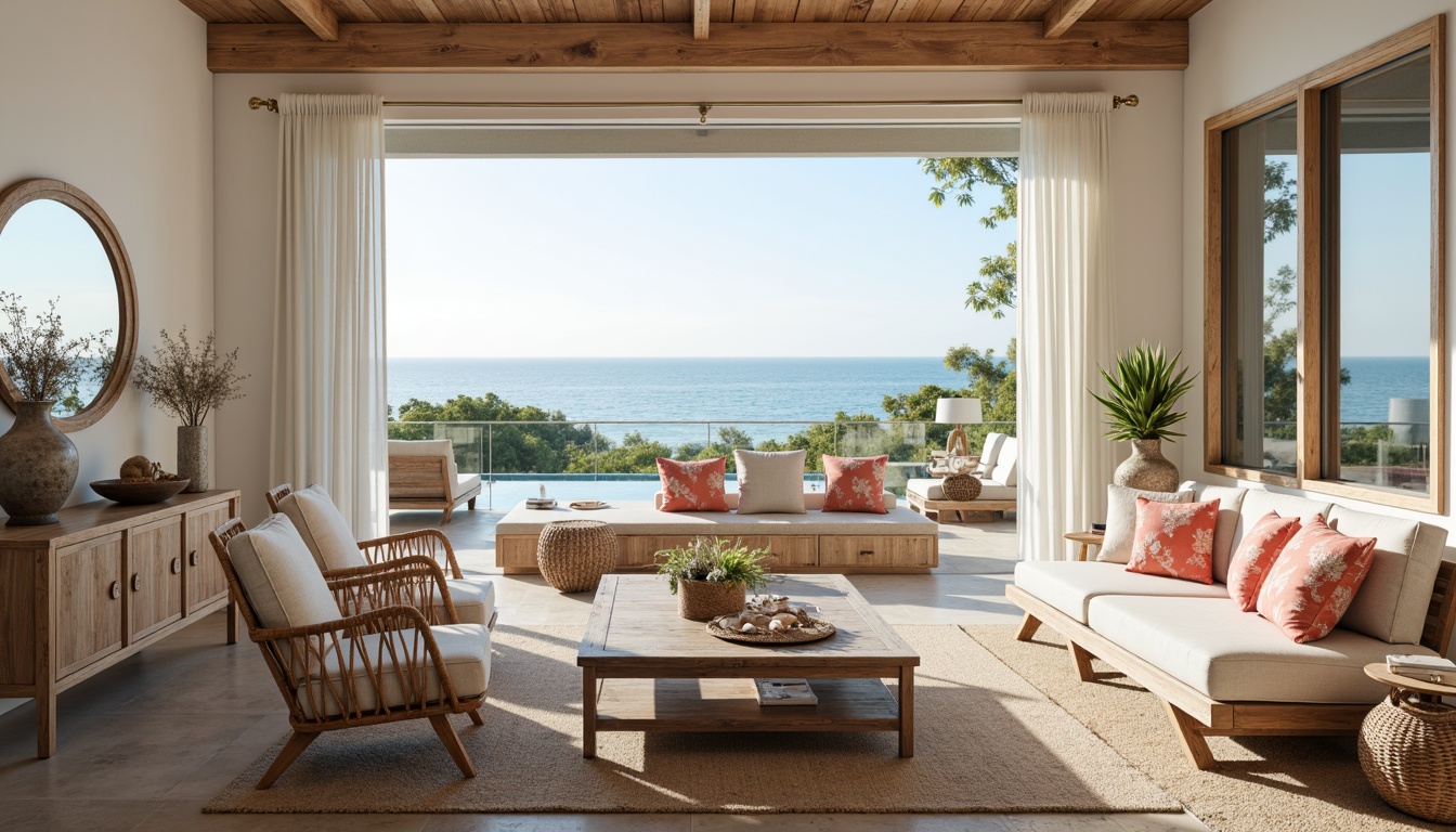 Prompt: Driftwood furniture, beachy vibes, ocean-inspired decor, natural textures, woven rattan chairs, reclaimed wood coffee tables, sea-salt fabrics, coral-patterned throw pillows, nautical rope accents, distressed wooden benches, seaside colors, calming ambiance, soft warm lighting, coastal scents, panoramic ocean views, floor-to-ceiling windows, airy open spaces, minimalist decor, beachy accessories, shell-adorned vases, pebbled glass surfaces.