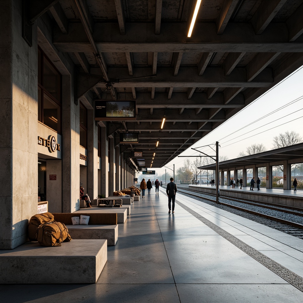 Prompt: Simple train station architecture, minimal decor, clean lines, industrial materials, concrete floors, steel beams, subtle color scheme, soft indirect lighting, warm LED strips, futuristic fixtures, sleek signage, digital displays, ambient glow, shallow depth of field, 1/2 composition, realistic textures, natural stone accents, wooden benches, urban landscape views, rush hour atmosphere, morning sunlight, gentle shadows.