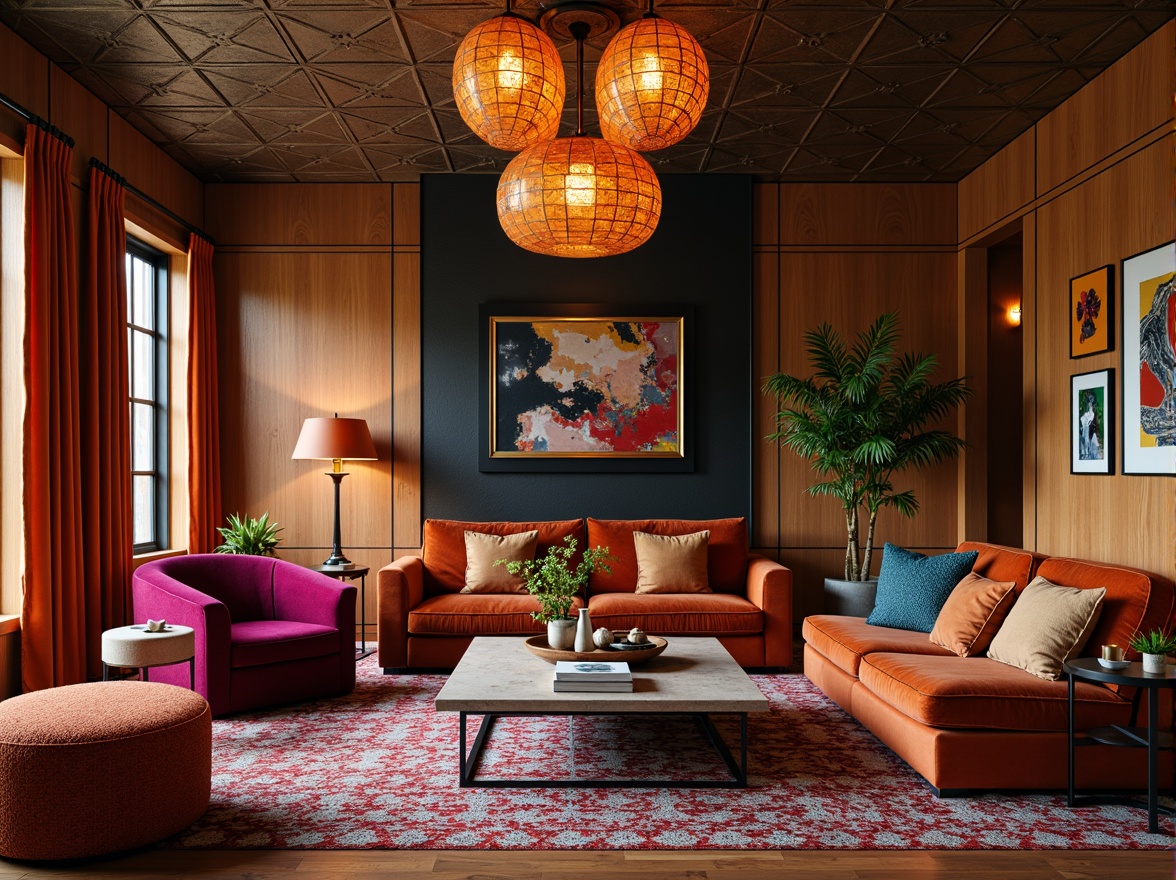 Prompt: Vibrant living room, bold color accents, eclectic furniture, patterned rugs, statement lighting fixtures, metallic decor, rich wood tones, plush velvet sofas, geometric wallpaper, abstract artwork, warm golden lighting, shallow depth of field, 1/2 composition, intimate atmosphere, cozy textiles, natural stone coffee tables.