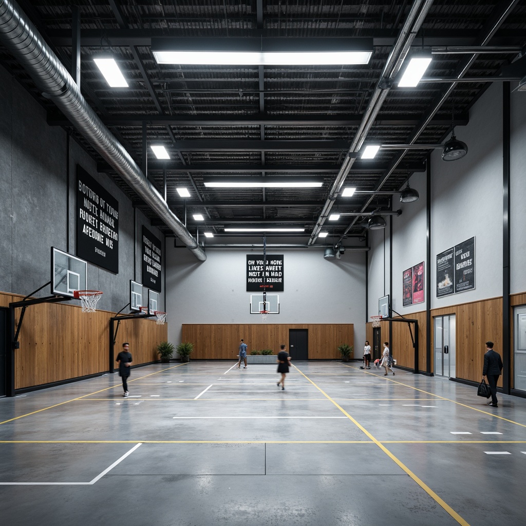 Prompt: Modern gymnasium interior, high ceiling, exposed ductwork, polished concrete floors, athletic equipment, basketball hoops, running tracks, motivational quotes, sleek metal fixtures, LED strip lighting, industrial-style pendant lights, recessed downlights, diffused ambient illumination, 1/1 composition, realistic textures, shallow depth of field.