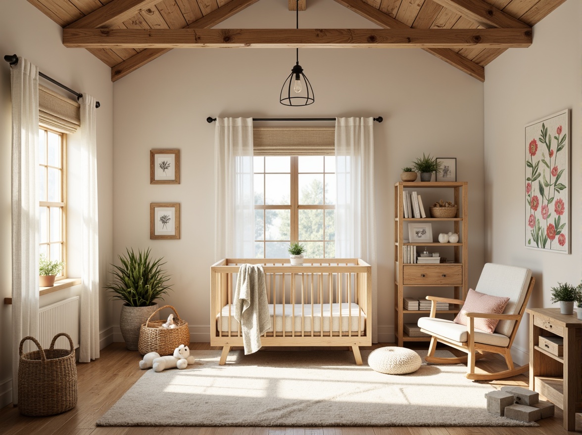 Prompt: Whimsical baby nursery, farmhouse chic decor, soft warm glow, rustic wooden beams, vintage metal lanterns, distressed finishes, natural linen shades, creamy white walls, plush area rugs, woven baskets, antique furniture pieces, earthy color palette, warm beige tones, gentle spotlighting, cozy reading nook, delicate floral patterns, pastel hues, rounded shapes, nursery rhymes illustrations, baby block toys, wooden crib, comfortable glider rocker, serene ambiance, shallow depth of field, 1/1 composition, softbox lighting.