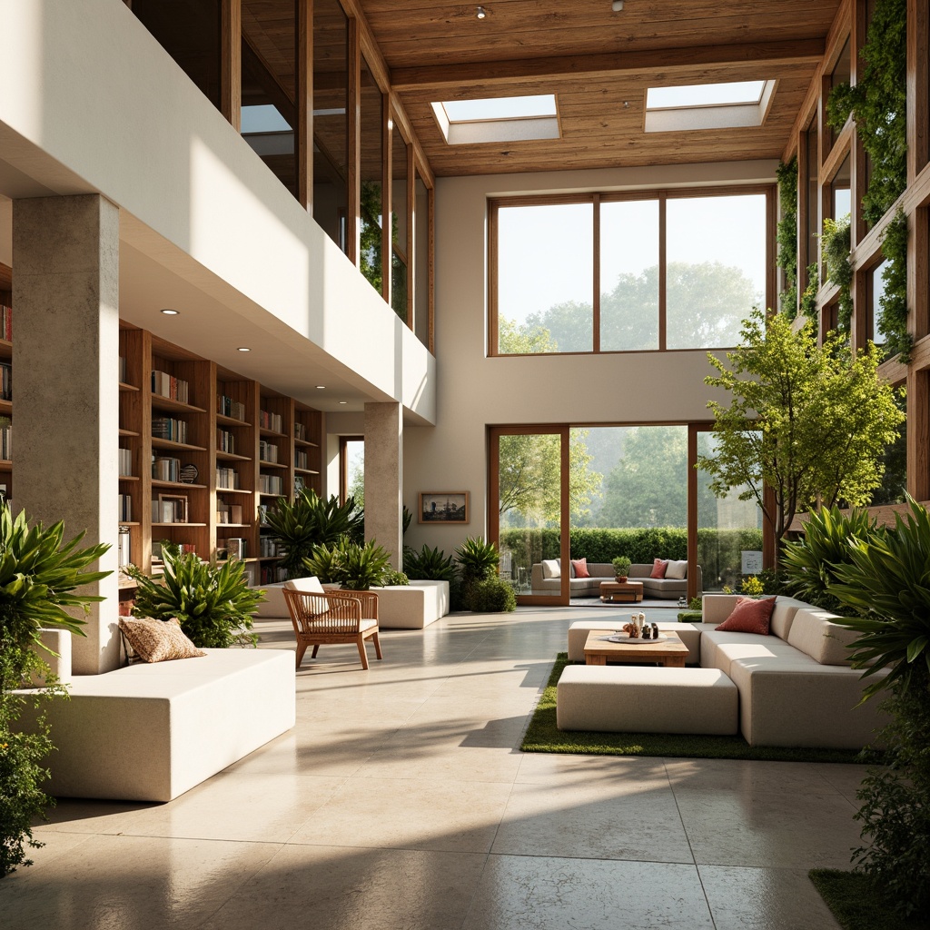 Prompt: Bright airy interior, floor-to-ceiling windows, sliding glass doors, natural stone flooring, wooden accents, minimal decor, creamy white walls, soft warm lighting, indirect illumination, ambient shadows, cozy reading nooks, plush furniture, vibrant greenery, living walls, botanical prints, earthy color palette, organic textures, rustic wood beams, skylights, clerestory windows, light-filled spaces, serene ambiance.