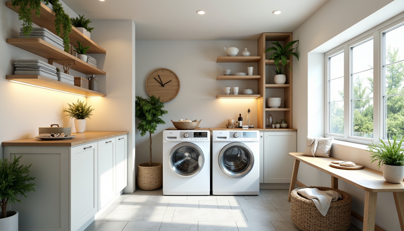 Prompt: Vibrant laundry room, soft pastel hues, calming whites, creamy beiges, soothing blues, warm earthy tones, natural wood accents, modern appliances, sleek countertops, functional shelving units, ample storage space, task-oriented lighting, gentle LED glow, subtle texture contrasts, cozy atmosphere, inviting ambiance.