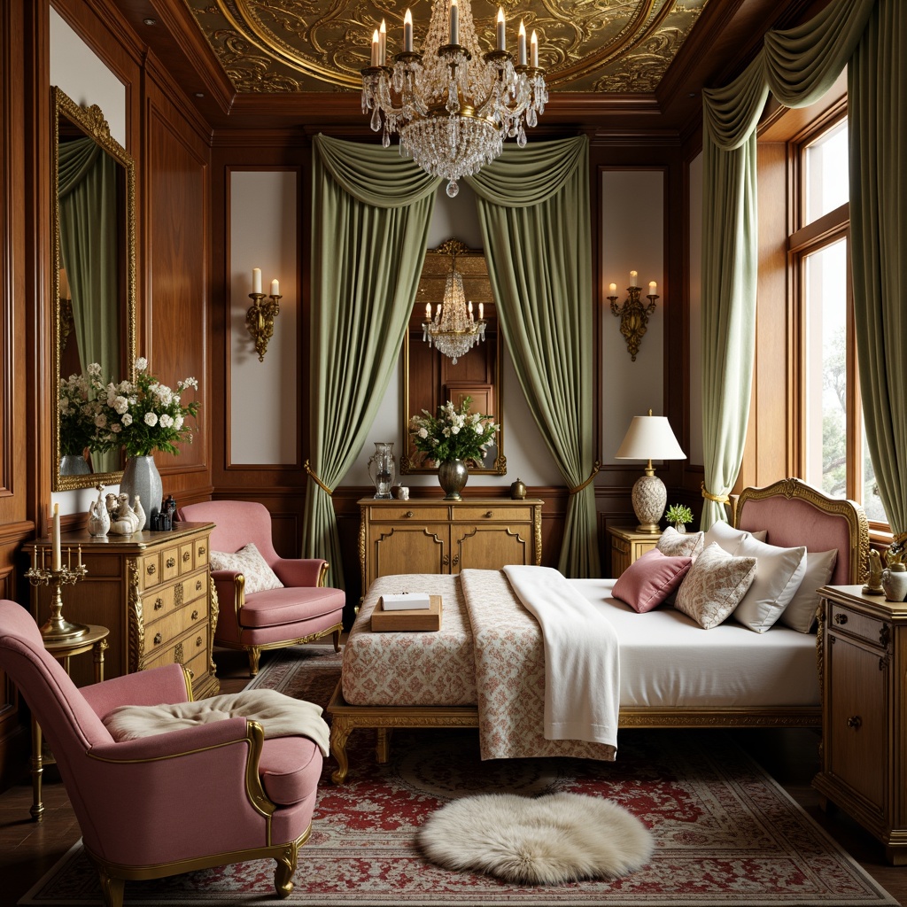 Prompt: Opulent boudoir, lush velvet drapes, intricate golden embroidery, ornate wooden furniture, curved lines, soft pastel hues, delicate florals, rich brocade fabrics, lavish silk upholstery, crystal chandeliers, candelabras, ornamental mirrors, carved marble accents, gilded frames, luxurious fur throws, plush area rugs, warm candlelight, shallow depth of field, 1/1 composition, realistic textures, ambient occlusion.