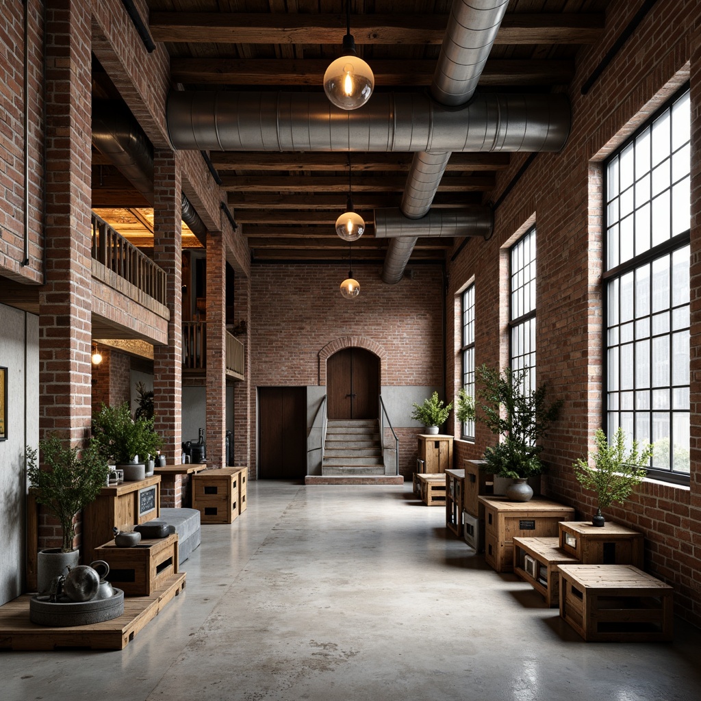 Prompt: Rustic industrial warehouse, exposed brick walls, metal beams, reclaimed wood accents, vintage factory lamps, distressed concrete floors, urban loft atmosphere, converted industrial space, modern minimalist decor, functional pipes, metallic ductwork, Edison bulb lighting, raw steel textures, worn wooden crates, nostalgic machinery parts, eclectic mix of materials, neutral color palette, soft natural light, shallow depth of field, 1/1 composition, realistic render.