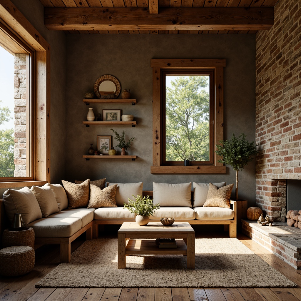 Prompt: Rustic wooden accents, natural stone walls, earthy color palette, reclaimed wood furniture, woven textiles, organic patterns, industrial metal fixtures, exposed brick details, minimal ornamentation, cozy intimate atmosphere, warm soft lighting, shallow depth of field, 1/1 composition, realistic textures, ambient occlusion.