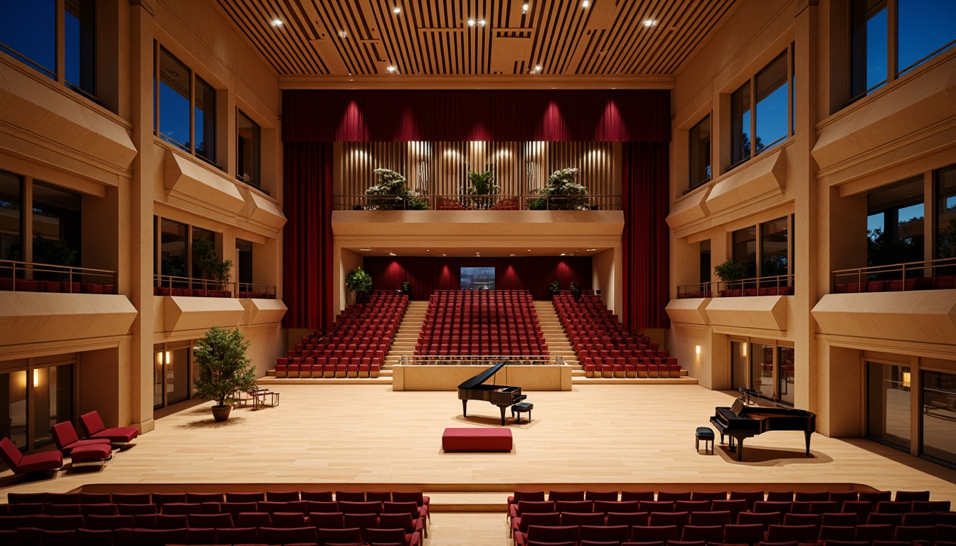 Prompt: Elegant concert hall, polished wooden floors, tiered seating areas, acoustic panels, grand pianos, dramatic stage lighting, crimson curtains, luxurious velvet seats, ornate chandeliers, sophisticated sound systems, minimalist d\u00e9cor, open-plan foyers, gleaming metal railings, spacious lobbies, panoramic windows, natural stone walls, modern architecture, warm atmospheric ambiance, softbox lighting, 1/2 composition, realistic textures, ambient occlusion.