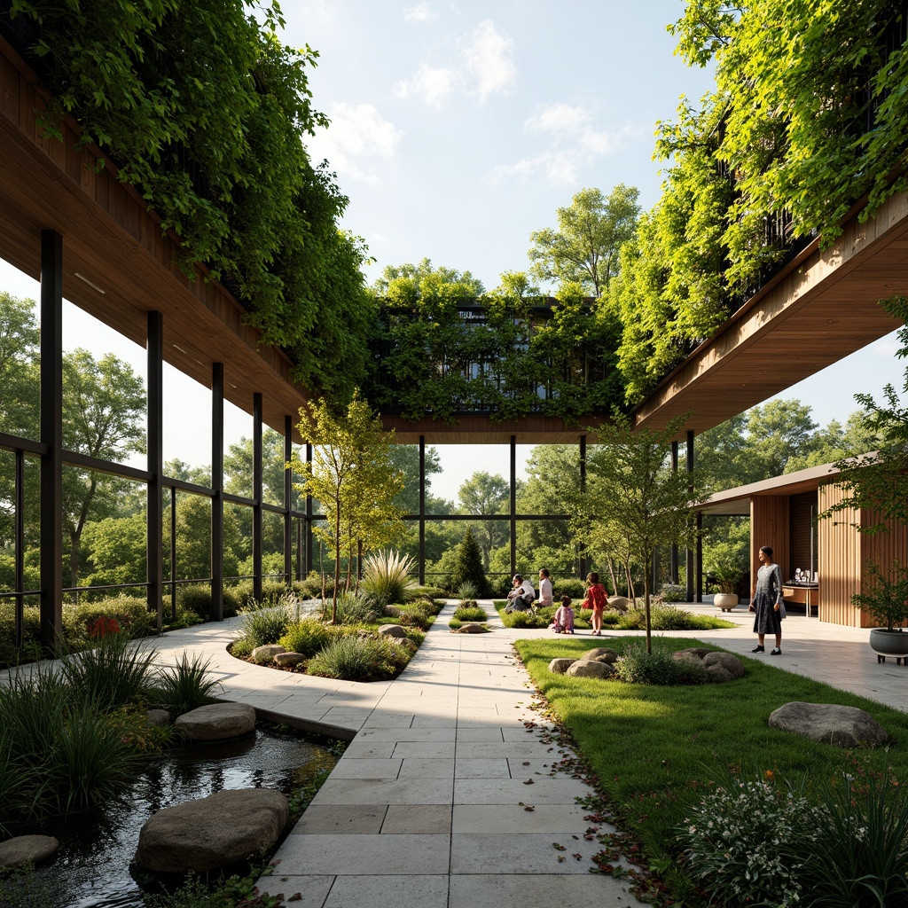 Prompt: Vibrant botanical garden, lush green walls, reclaimed wood accents, living roof, organic shapes, earthy tones, natural stone flooring, water features, misting systems, biophilic design, large windows, glass doors, abundant natural light, soft warm lighting, shallow depth of field, 3/4 composition, panoramic view, realistic textures, ambient occlusion.