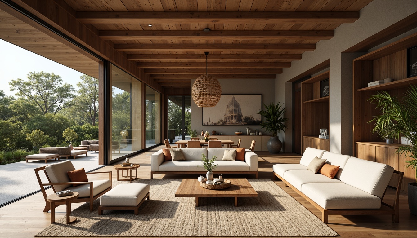 Prompt: Open-plan living area, mid-century modern furniture, sleek wooden accents, geometric patterns, natural textiles, abundant greenery, floor-to-ceiling windows, sliding glass doors, outdoor-indoor connection, organic shapes, minimal ornamentation, earthy color palette, soft warm lighting, 1/1 composition, shallow depth of field, realistic renderings, ambient occlusion, cozy reading nook, plush area rug, statement light fixtures.