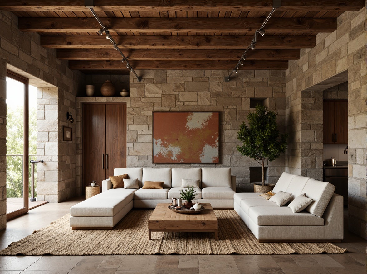 Prompt: Earthy living room, reclaimed wood accents, natural stone walls, exposed brick ceilings, woven jute rugs, linen upholstery, organic shapes, minimal ornamentation, industrial metal lighting, earthy color palette, warm ambient lighting, soft shadows, shallow depth of field, 1/1 composition, realistic textures, ambient occlusion.