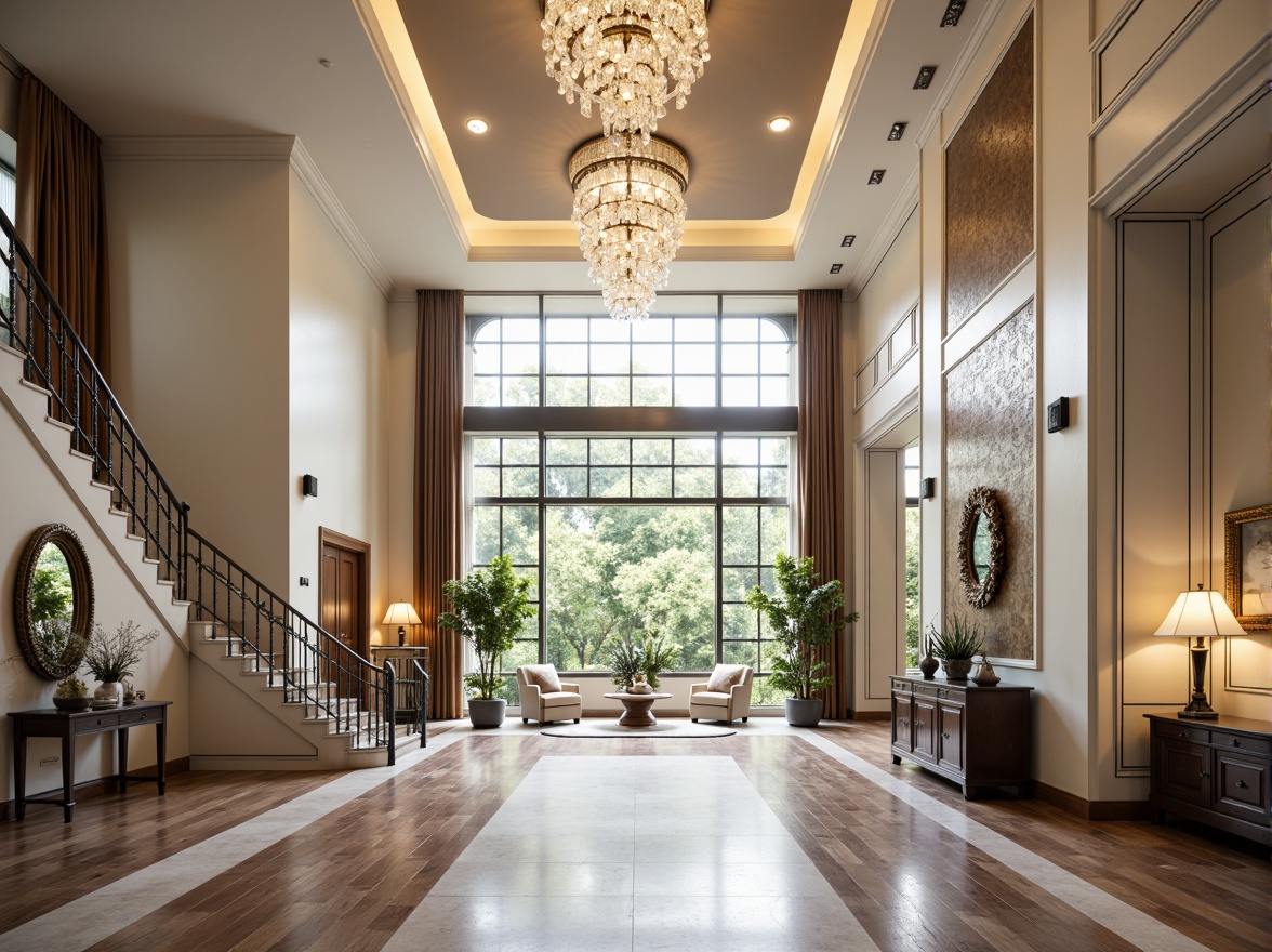 Prompt: Elegant entrance hall, high-ceiling design, crystal chandelier, marble flooring, luxurious carpets, wooden floorboards, sophisticated staircases, ornate railings, polished metal handrails, bright natural lighting, large windows, neutral color scheme, spacious atmosphere, 3/4 composition, shallow depth of field, soft warm lighting, realistic textures.