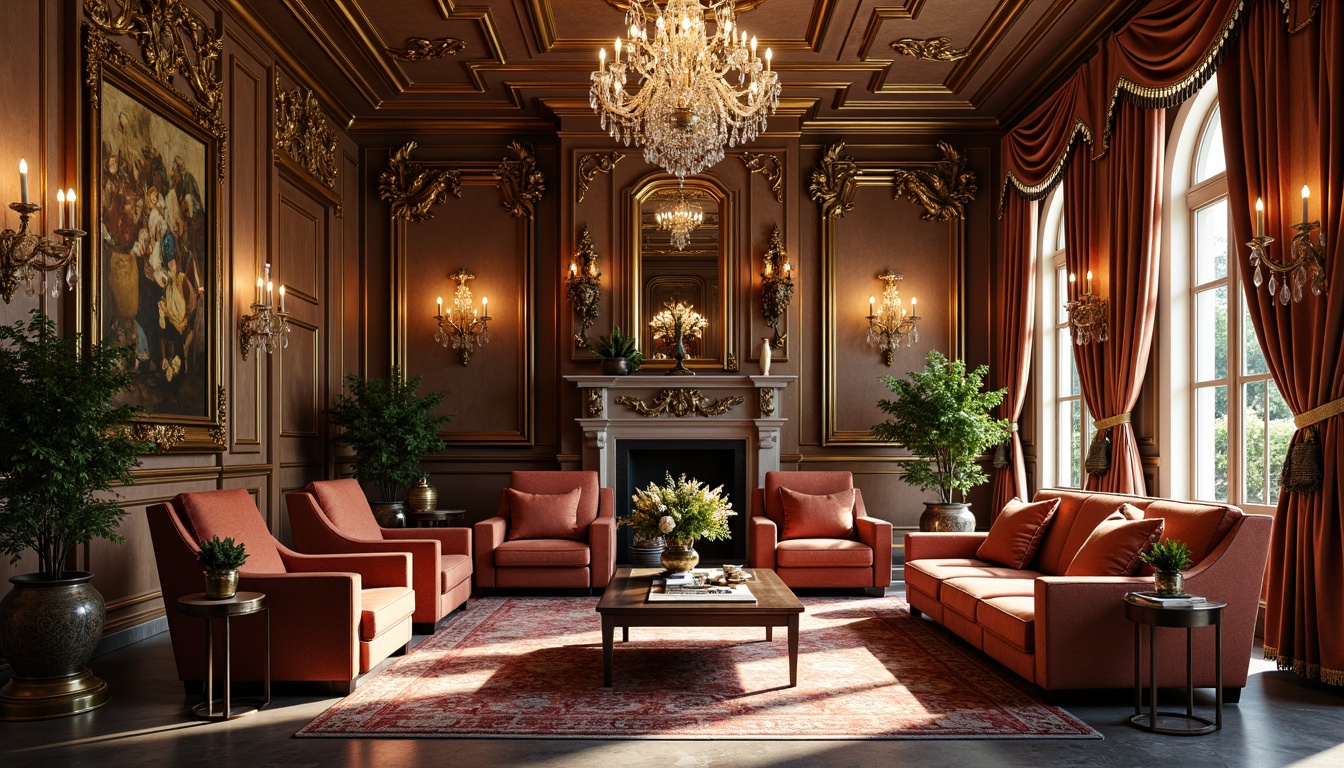 Prompt: Luxurious living room, ornate furnishings, intricate carvings, velvet upholstery, gilded frames, crystal chandeliers, marble flooring, rich wood paneling, opulent drapery, lavish textiles, Baroque-inspired patterns, regal color palette, warm golden lighting, shallow depth of field, 1/2 composition, realistic reflections, ambient occlusion.