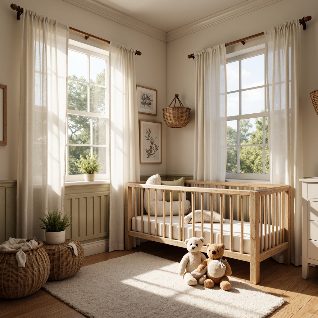 Prompt: Cozy baby room, farmhouse style, soft pastel colors, plush toys, wooden crib, natural fabrics, cotton lace curtains, vintage floral patterns, distressed wood furniture, woven baskets, rustic metal decor, warm beige walls, creamy white trim, gentle morning light, shallow depth of field, 1/1 composition, realistic textures, ambient occlusion.Please let me know if this meets your requirements or if you need any adjustments!