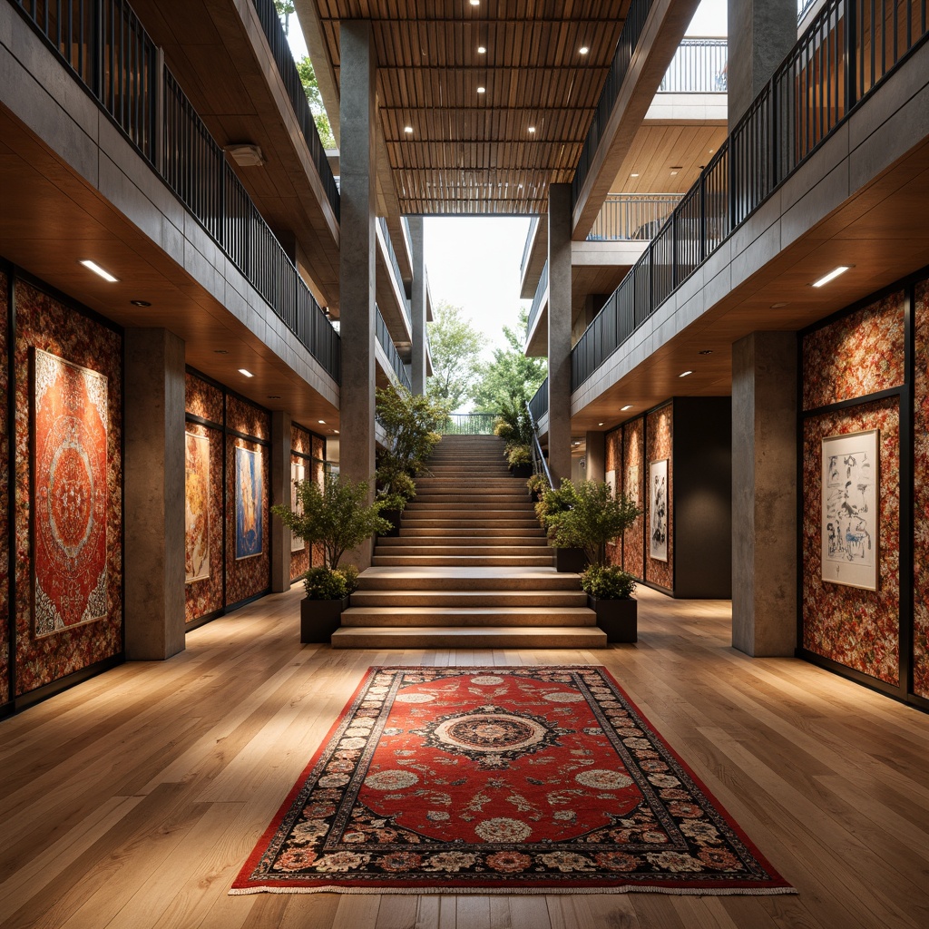 Prompt: Intricate cultural center interior, warm wooden flooring, richly patterned rugs, vibrant tapestries, ornate decorative walls, textured stone columns, modern minimalist lighting fixtures, sleek metal railings, grand staircase, spacious atrium, natural light pouring in, soft ambient glow, 1/2 composition, shallow depth of field, realistic materials, detailed textures.