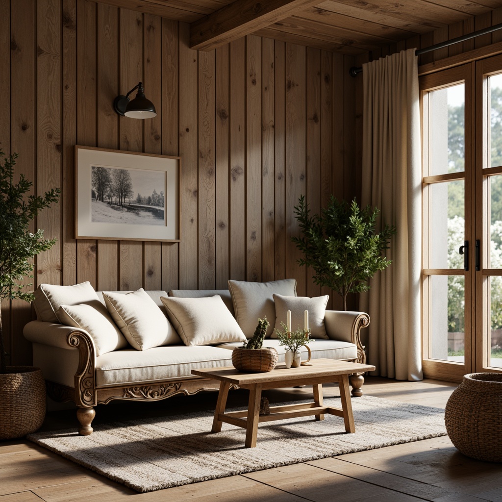 Prompt: Rustic farmhouse, distressed wood tones, soft cream fabrics, vintage metal accents, ornate carvings, curved legs, plush upholstery, natural linen textures, woven baskets, earthy color palette, warm candlelight, shallow depth of field, 1/1 composition, realistic wood grains, ambient occlusion.