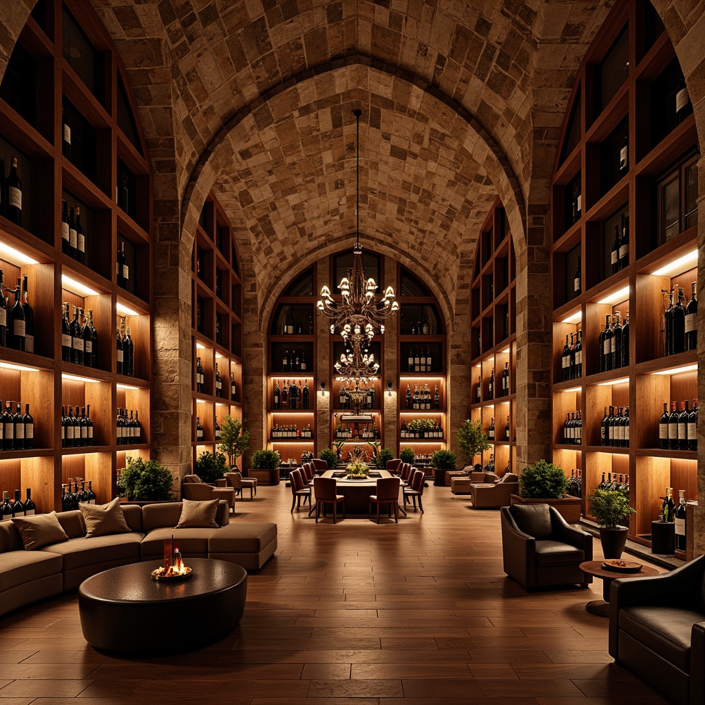 Prompt: Luxurious wine cellar, rich wood tones, dimmable LED lights, warm ambient glow, elegant stone walls, rustic wooden barrels, polished metal racks, glass-enclosed wine displays, intimate seating areas, soft velvety textures, earthy color palette, dramatic archways, refined modern chandeliers, subtle shadowing, 1/2 composition, cinematic lighting, realistic reflections.