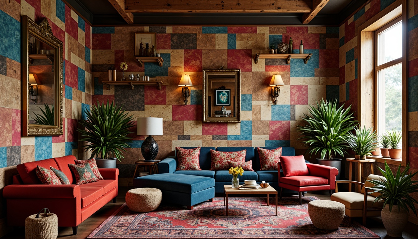 Prompt: Vibrant eclectic room, bold patterned wallpaper, distressed wooden panels, ornate mirrors, eclectic artwork, colorful rug, plush velvet furniture, industrial metal accents, reclaimed wood shelves, bohemian textiles, global-inspired patterns, rich jewel tones, soft warm lighting, shallow depth of field, 1/1 composition, intimate atmosphere.