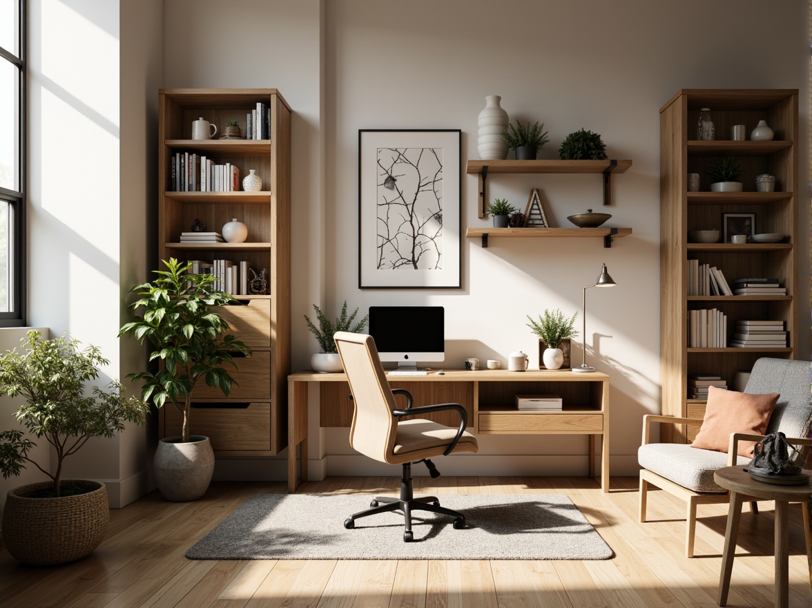 Prompt: Modern home office, wooden desk, ergonomic chair, adjustable shelving units, minimalist decor, plenty of natural light, cozy atmosphere, soft warm lighting, 3/4 composition, realistic textures, ambient occlusion.