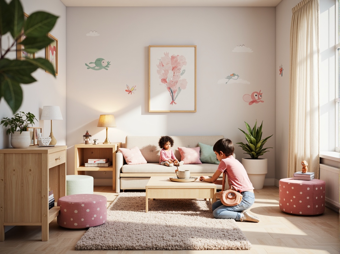 Prompt: Cozy kids' bedroom, plush carpets, soft pastel colors, whimsical wall decals, playful furniture shapes, vibrant throw pillows, gentle fabric textures, calming ambient lighting, sheer curtains, natural wood accents, modern minimalist decor, kid-friendly upholstery materials, fun polka dot patterns, soothing color palette, comfortable reading nook, warm floor lamps, shallow depth of field, 1/1 composition, realistic fabric rendering.