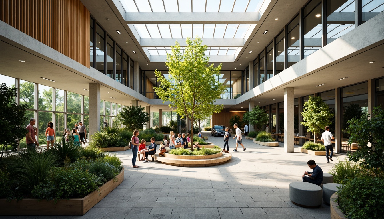 Prompt: Vibrant youth center, open atrium, floor-to-ceiling windows, clerestory roofs, skylights, transparent glass walls, reflective metal surfaces, minimalist interior design, eco-friendly materials, abundant greenery, lush plants, natural stone floors, wooden accents, warm color palette, soft diffused lighting, 1/1 composition, shallow depth of field, panoramic view, realistic textures.