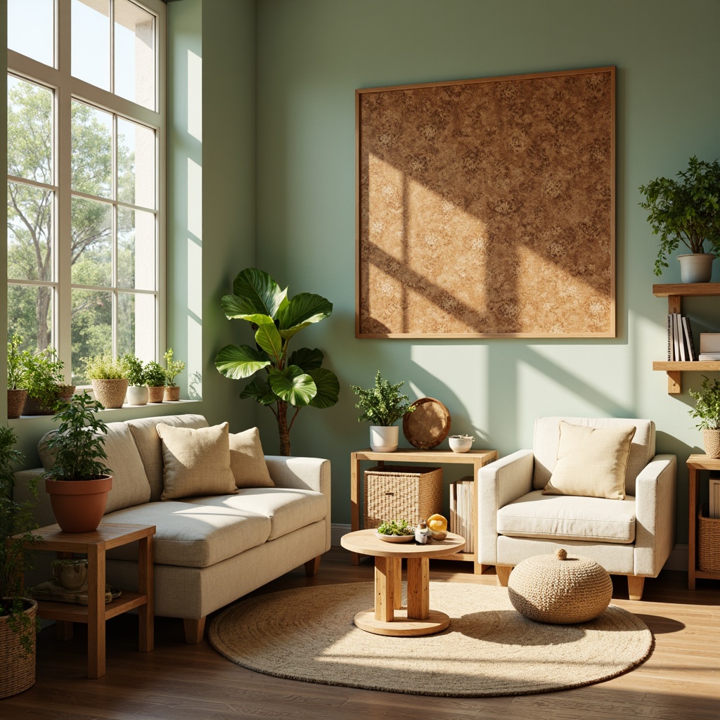 Prompt: Soft mint walls, warm cork accents, natural wood floors, earthy terracotta pots, lush greenery, creamy white furniture, distressed wooden shelves, woven wicker baskets, soft golden lighting, shallow depth of field, 2/3 composition, realistic textures, ambient occlusion.