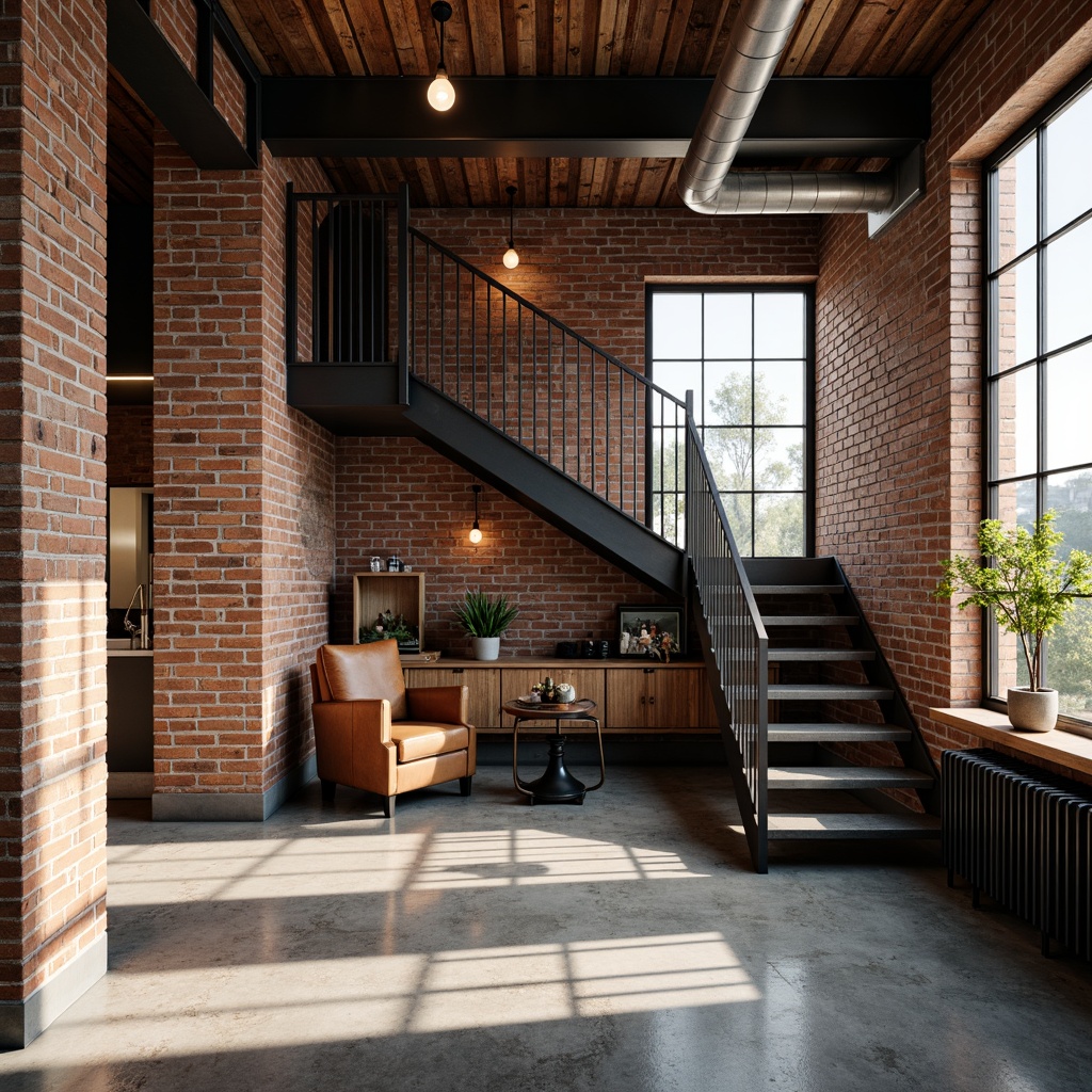 Prompt: Exposed brick walls, industrial-chic metal beams, reclaimed wood accents, distressed concrete floors, Edison bulb lighting, metal grated stairs, functional pipes, minimalist decor, urban loft atmosphere, natural light pouring in, shallow depth of field, 1/2 composition, realistic textures, ambient occlusion.