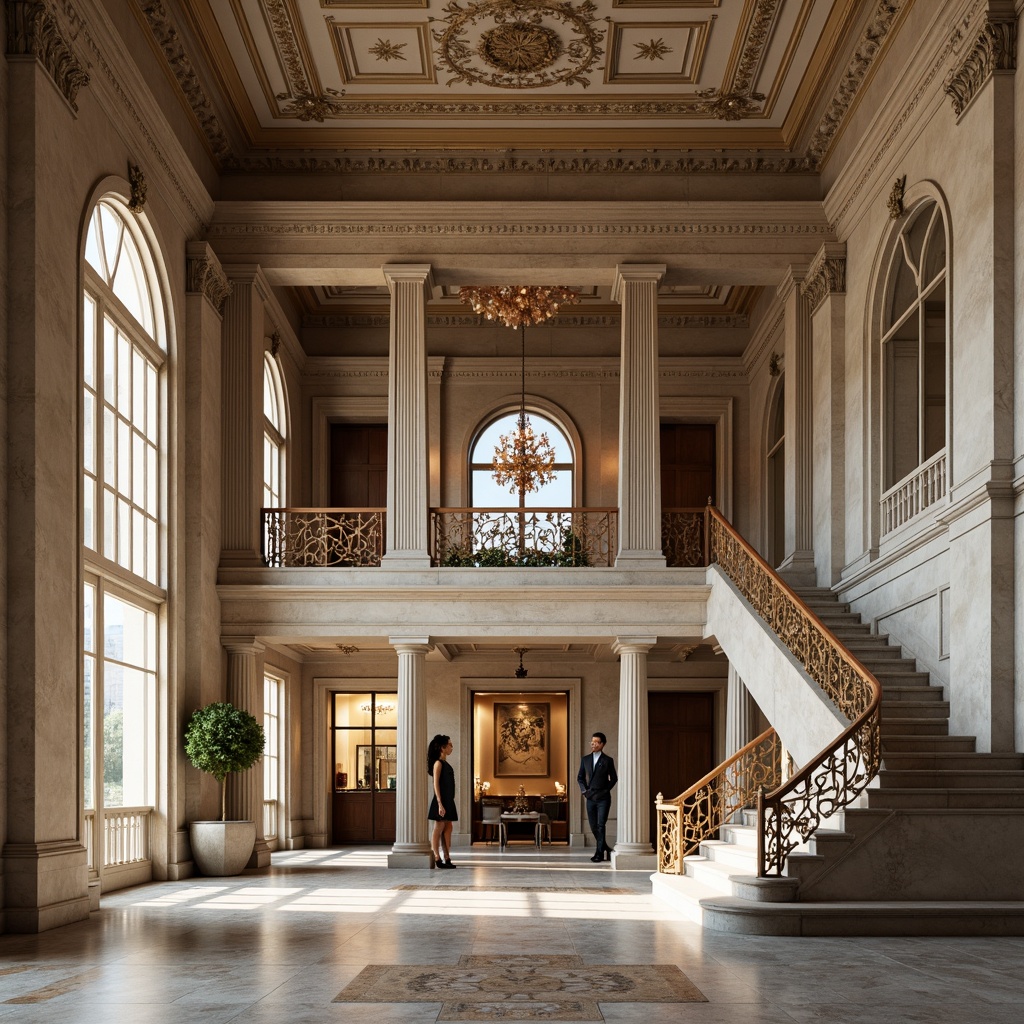 Prompt: Grandiose columns, ornate capitals, intricately carved pediments, rusticated bases, symmetrical facades, balanced proportions, grand entranceways, sweeping staircases, decorative moldings, elegant archways, ornamental balustrades, limestone walls, marble floors, crystal chandeliers, lavish furnishings, soft warm lighting, shallow depth of field, 2/3 composition, realistic textures, ambient occlusion.