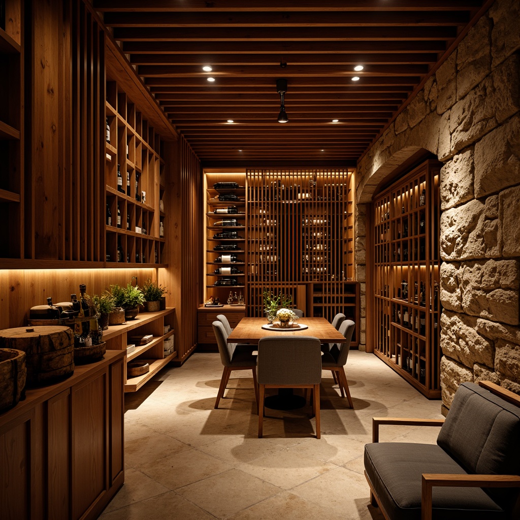 Prompt: Luxurious wine cellar, rich wood tones, dimmable LED lighting, warm golden hues, rustic stone walls, elegant wooden crates, premium wine bottles, sophisticated climate control systems, humidification units, temperature-controlled storage, comfortable seating areas, soft velvety textures, intimate ambiance, dramatic shadows, subtle color gradations, realistic reflections, cinematic depth of field, 1/1 composition, atmospheric lighting effects.