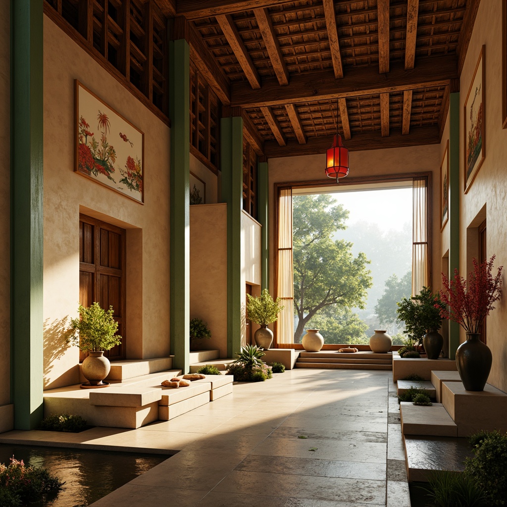 Prompt: Serene Asian-inspired museum interior, warm beige walls, rich wood accents, elegant jade green columns, subtle golden lighting, intricate hand-painted murals, ornate ceramic vases, delicate silk fabrics, natural stone flooring, tranquil water features, lush greenery, vibrant red lanterns, subtle misty atmosphere, soft warm lighting, shallow depth of field, 1/1 composition, realistic textures, ambient occlusion.